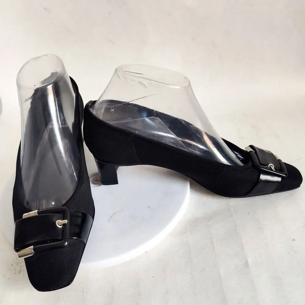 Stuart Weitzman Black Leather Sole Low Blocks Heels Size‎ 6 M Mesh Pumps Buckles
